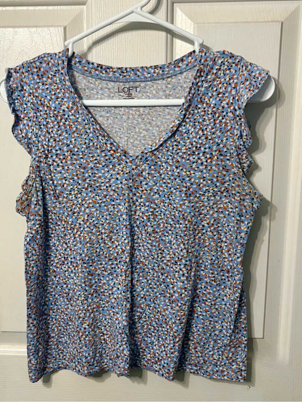 LOFT Light Blue Multi-Spot V-Neck Flutter Sleeve Top